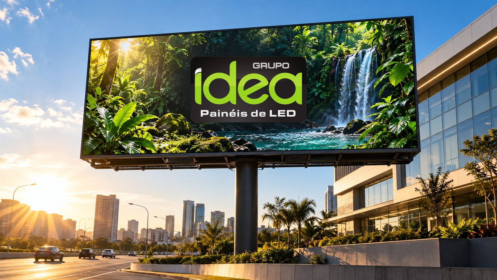 Painel de LED outdoor em poste sob sol forte, com imagem de natureza e logo oficial da IDEA centralizado na tela