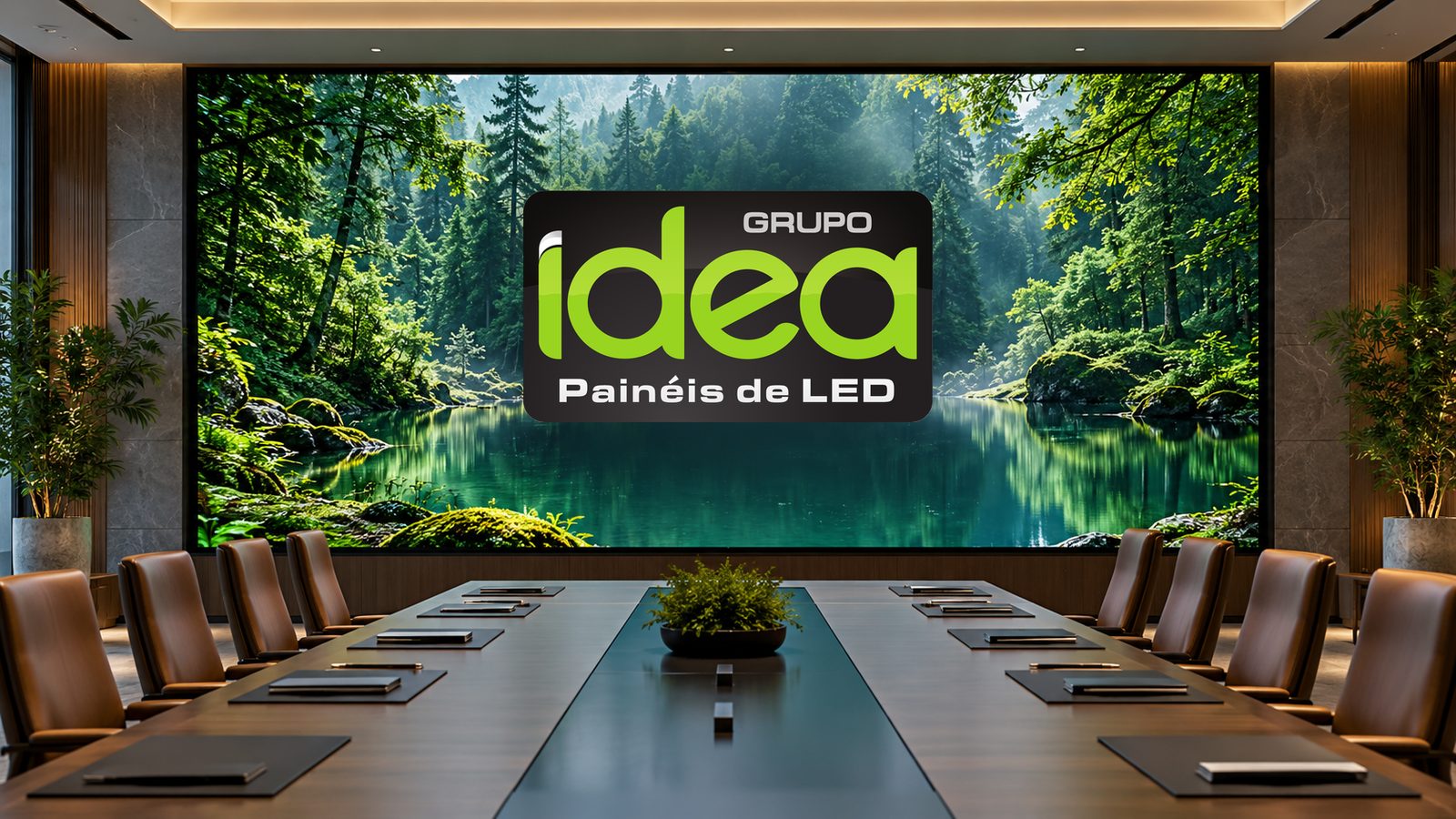 Painel de LED COB instalado em sala de reunião, com vídeo de floresta e logo oficial do Grupo IDEA no centro