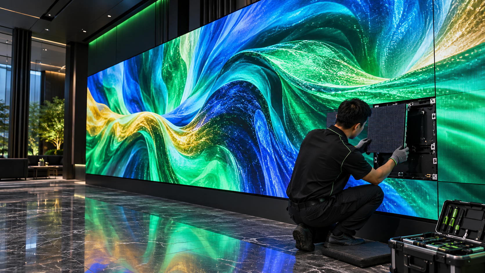 Painel de LED full color premium recebendo manutenção preventiva de módulo