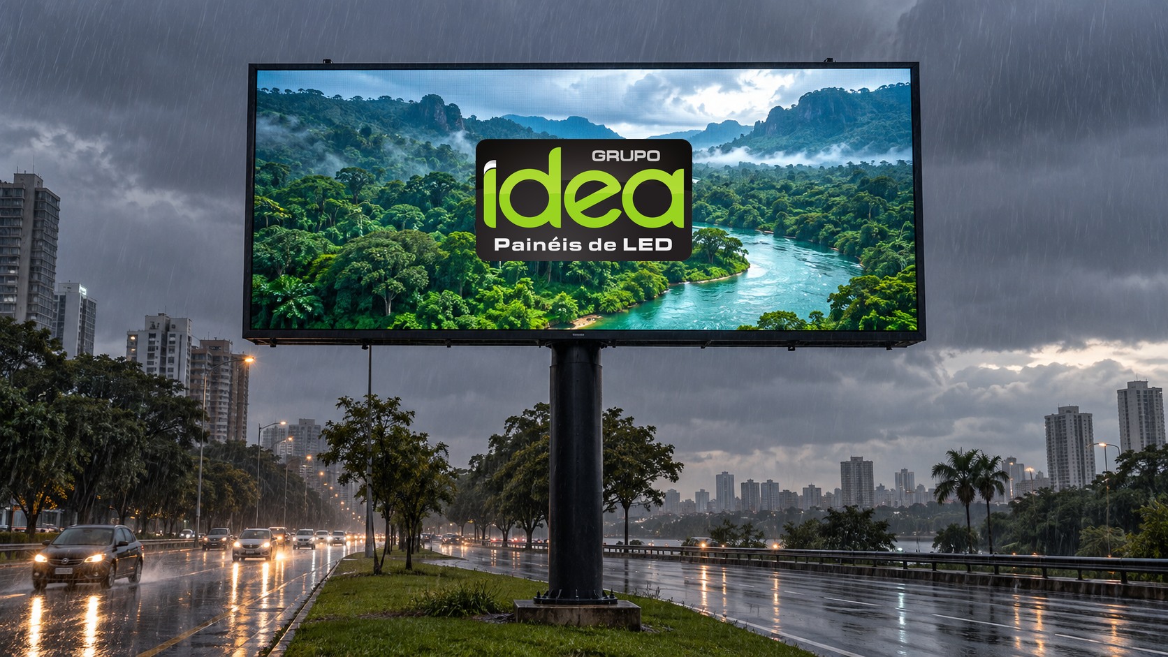 Painel de LED DOOH em poste sob chuva, mostrando vídeo de floresta com logo original da IDEA no centro da tela
