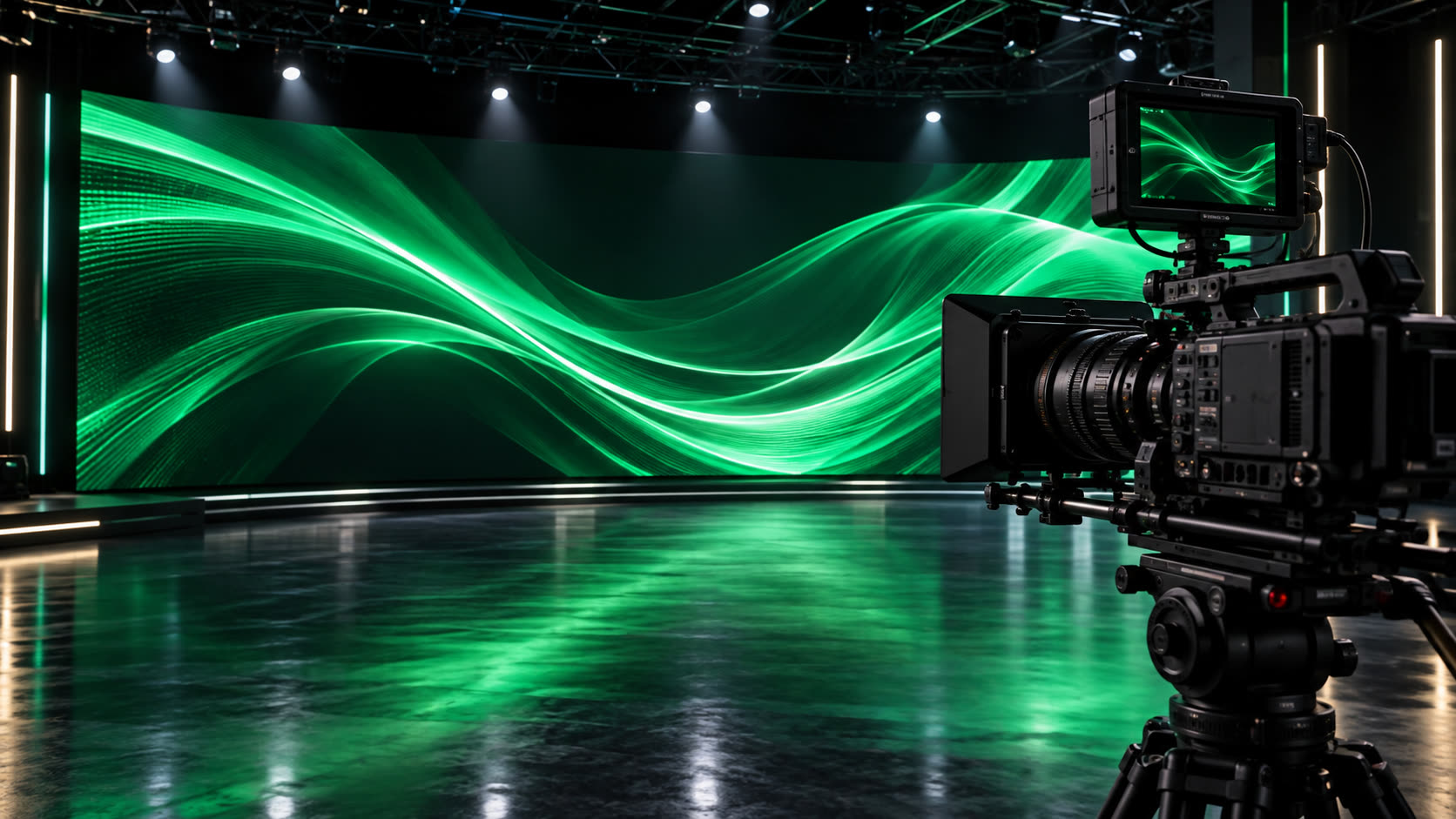 Câmera profissional filmando painel de LED full color com ondas verdes em estúdio de televisão
