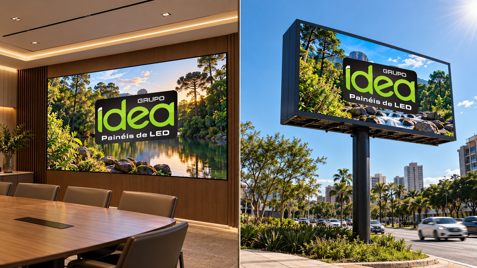 Painéis de LED indoor e outdoor com vídeo de paisagem e logo oficial do Grupo IDEA ao centro