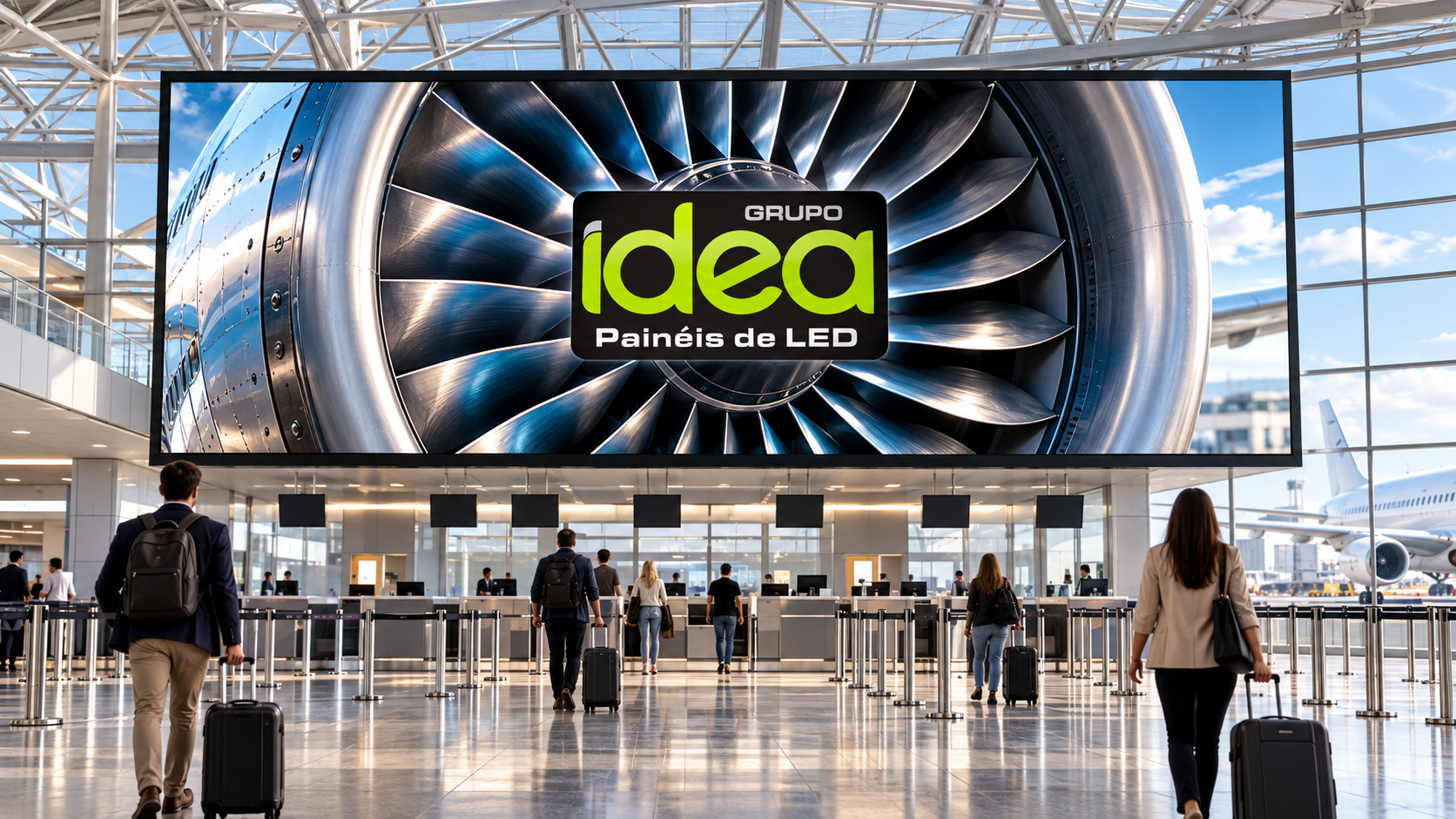 Painel de LED em saguão de aeroporto exibindo turbina em alta definição e logo oficial IDEA centralizado