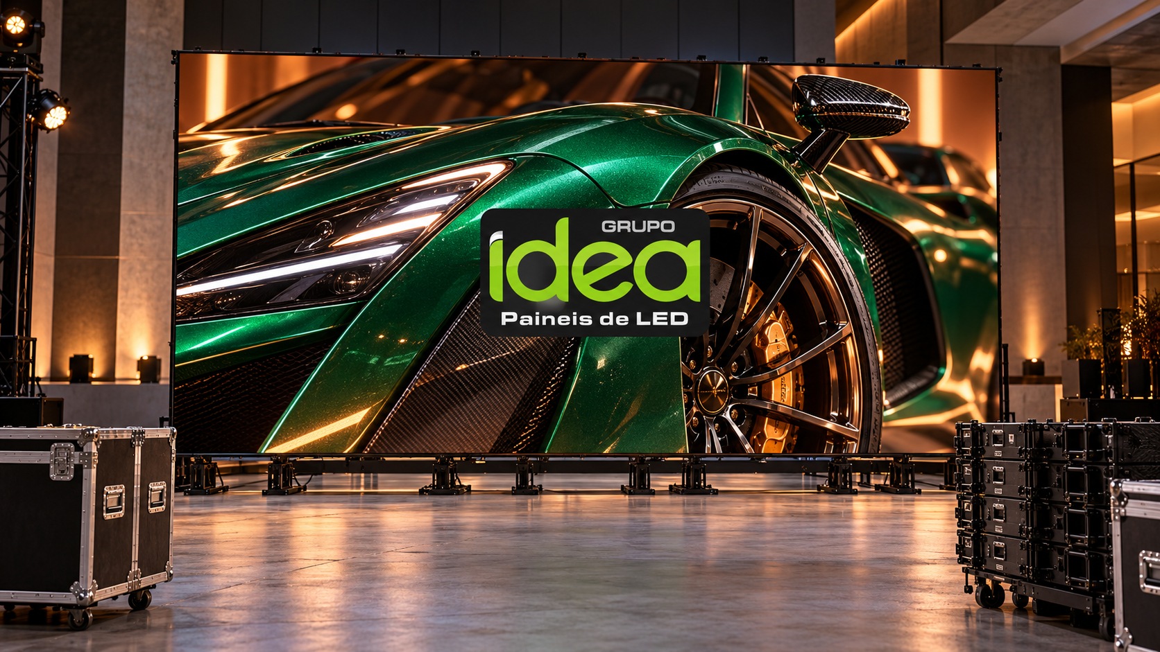 Painel de LED em preparação de evento, com imagem detalhada de automóvel verde, logo IDEA centralizado e flight cases ao redor