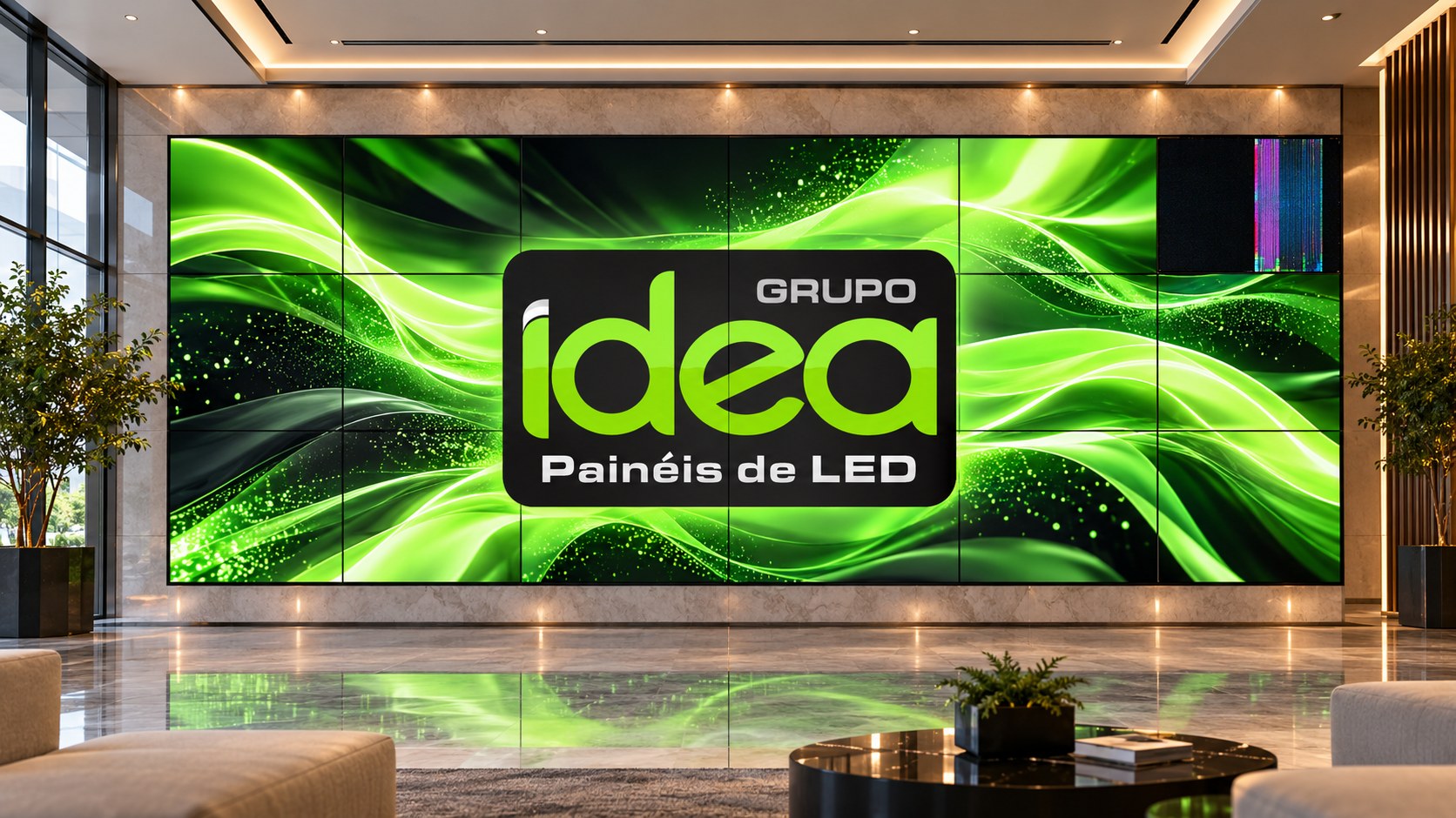 Painel de LED IDEA em ambiente corporativo, com um módulo apagado e falhas de cor em área lateral