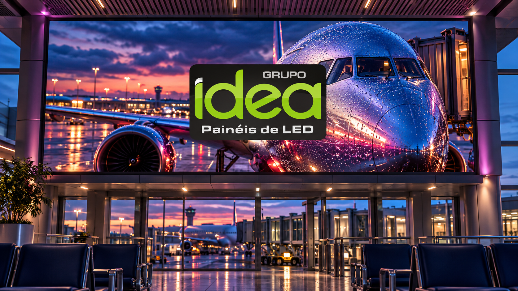 Painel de LED em área de embarque exibindo aeronave com detalhes de chuva e logo oficial IDEA centralizado