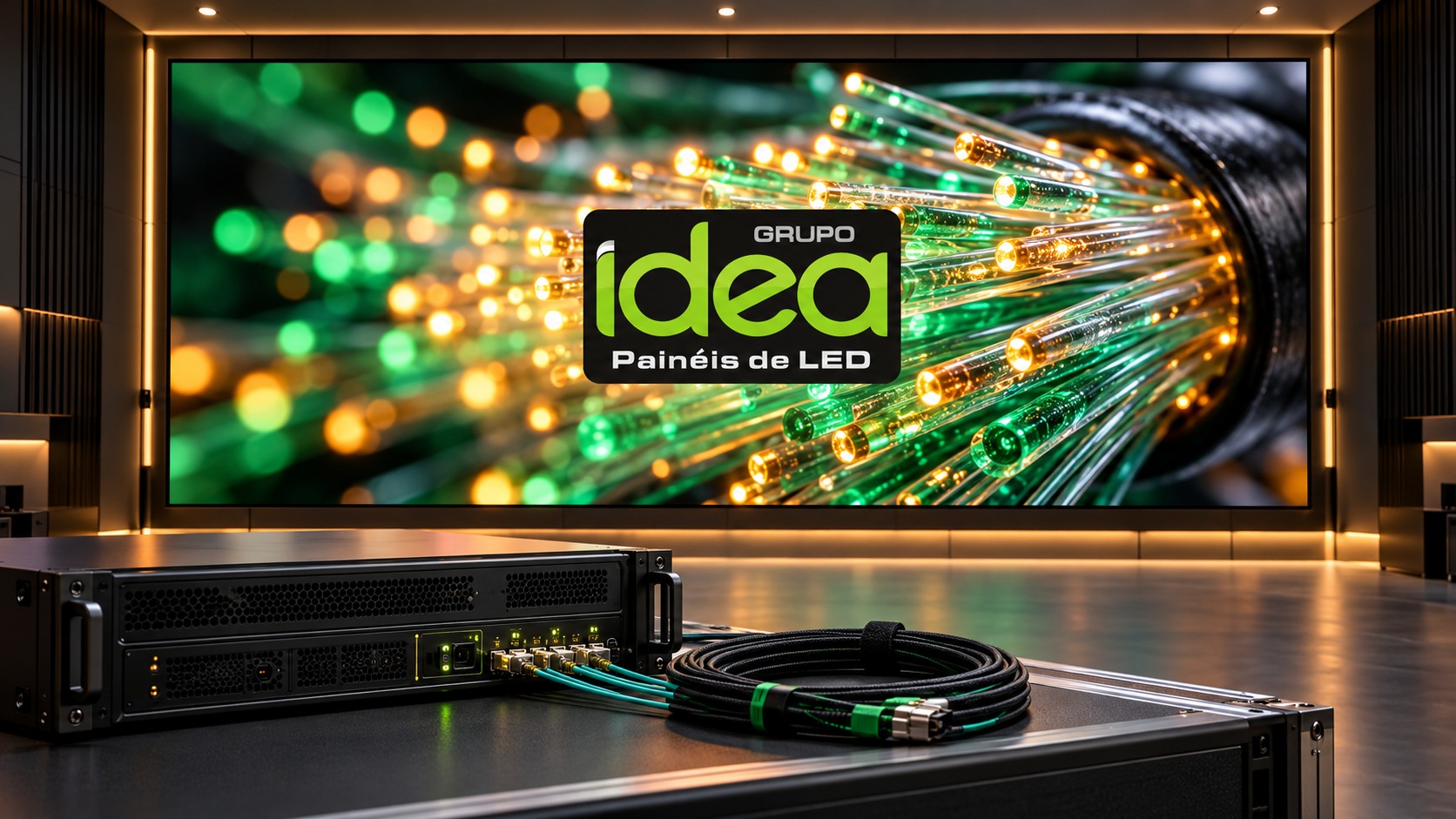 Painel de LED em ambiente técnico exibindo fibras ópticas em alta definição e logo oficial IDEA centralizado