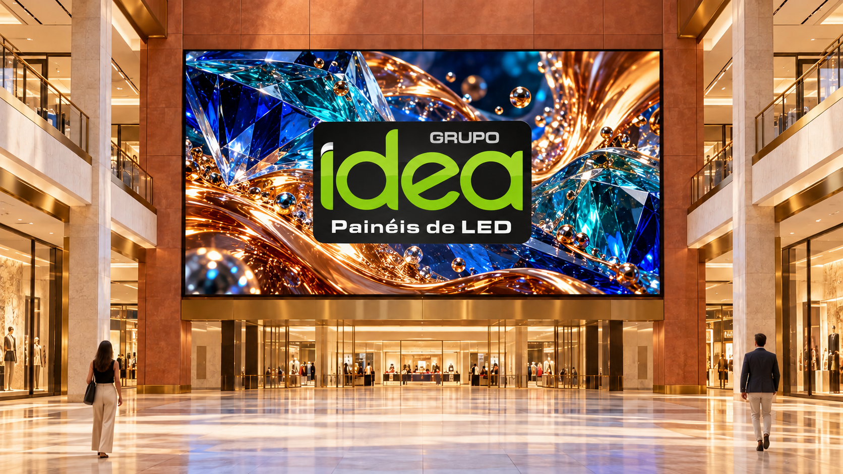 Painel de LED em átrio comercial exibindo cristais azuis, metal líquido dourado e logo oficial IDEA centralizado