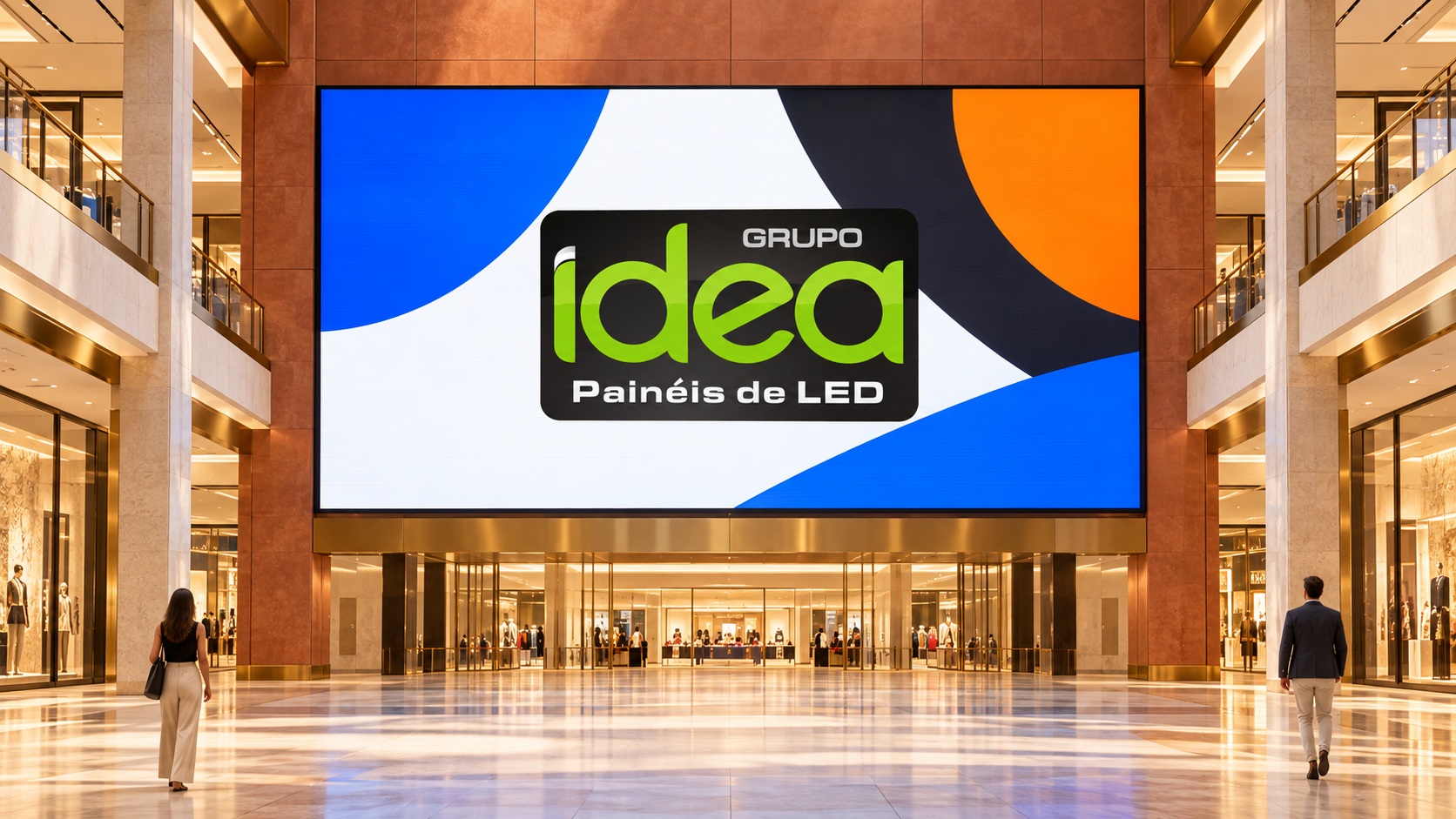 Painel de LED com formas de alto contraste e logo IDEA em um espaço comercial, visto à distância
