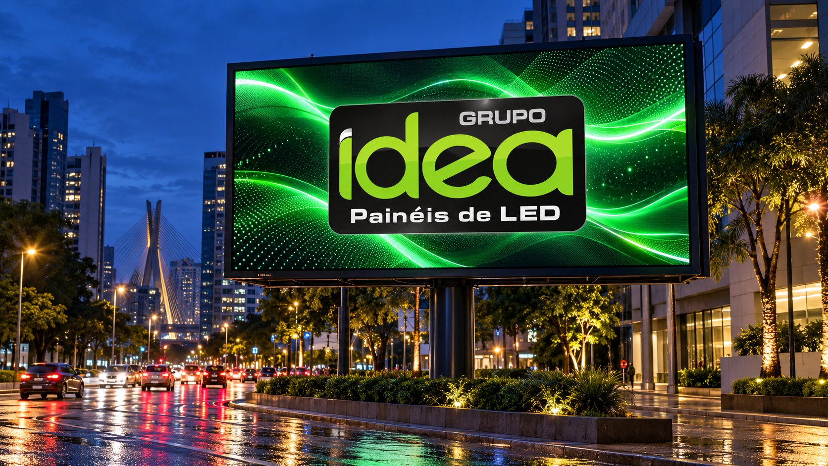 Painel de LED outdoor em poste diante de rua molhada, com imagem verde e logotipo oficial da IDEA no centro