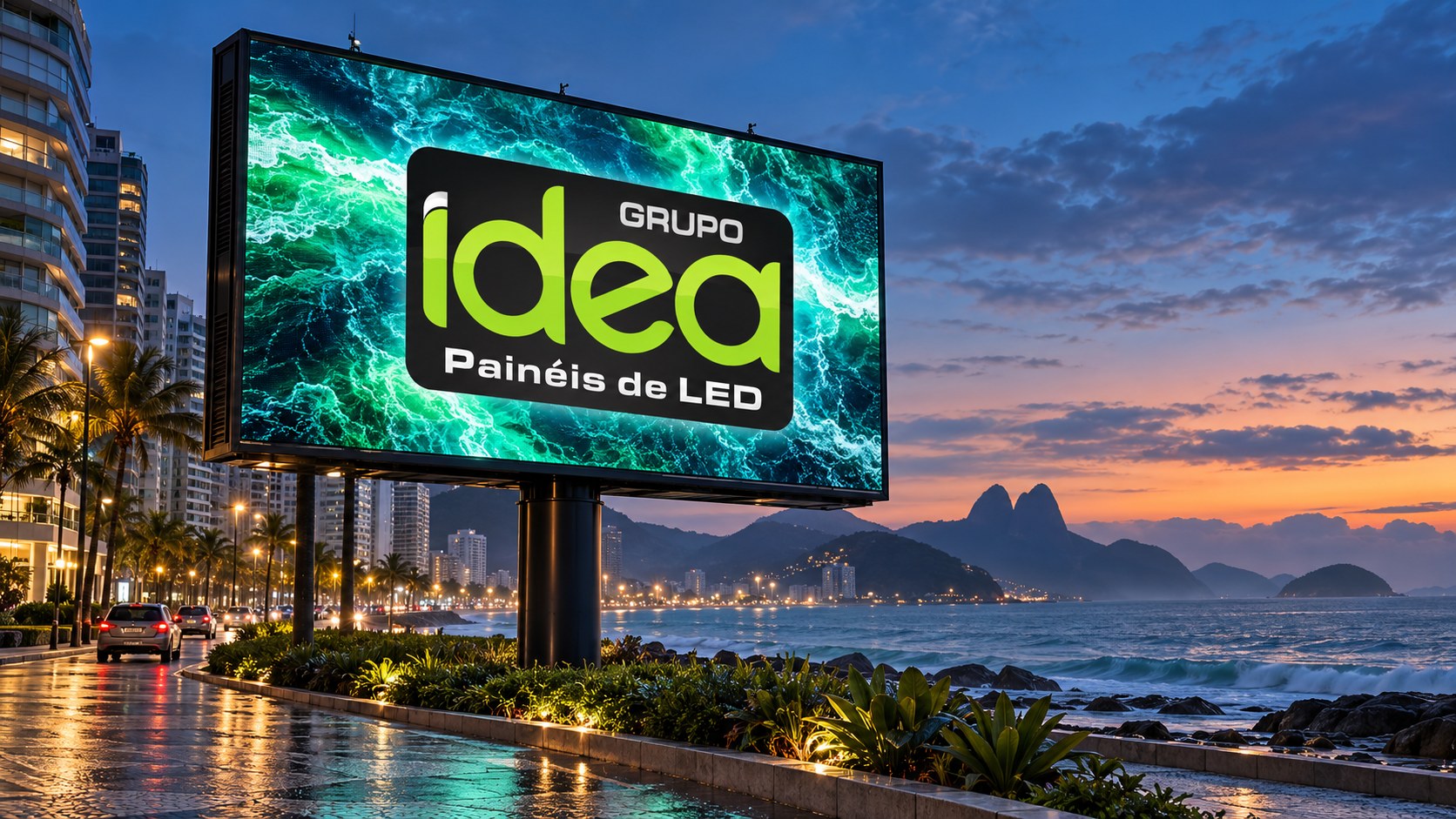 Painel de LED outdoor em avenida litorânea, exibindo vídeo em tons verdes e o logotipo oficial da IDEA no centro