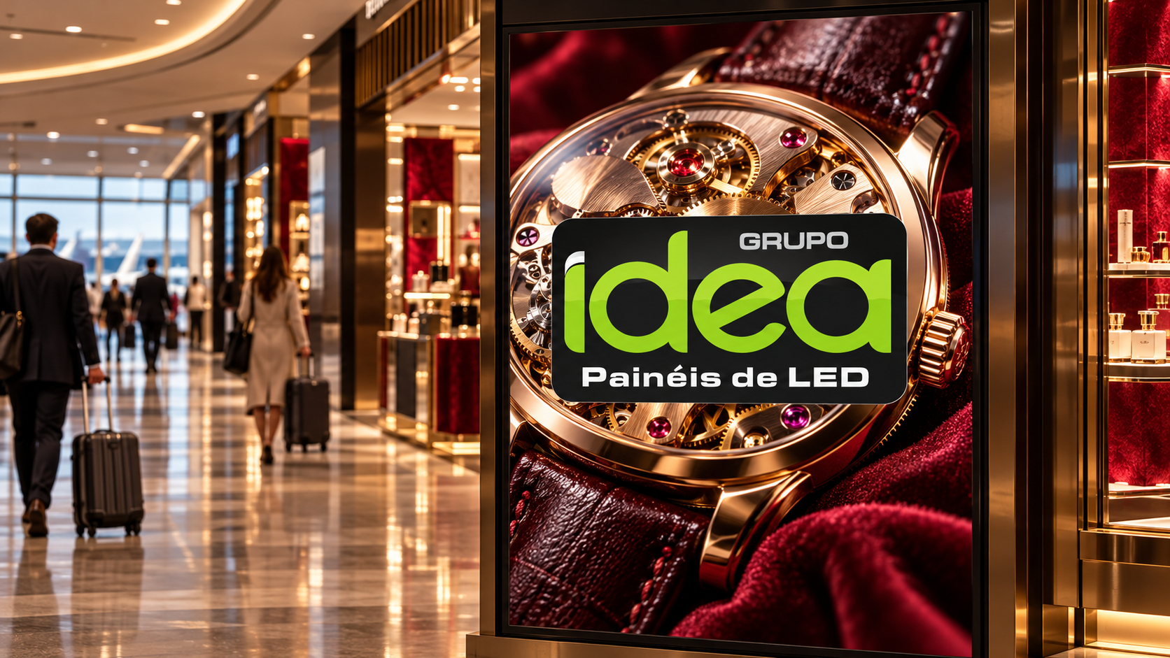 Totem de LED em área comercial de aeroporto exibindo relógio em alta definição e logo oficial IDEA centralizado