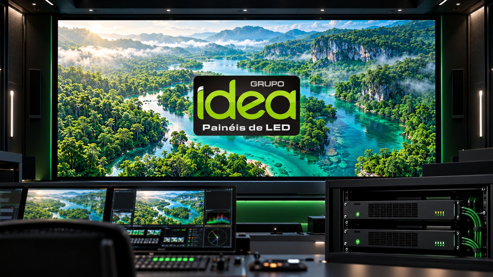 Sala de controle com painel de LED, logo oficial IDEA central e dois equipamentos de vídeo em rack