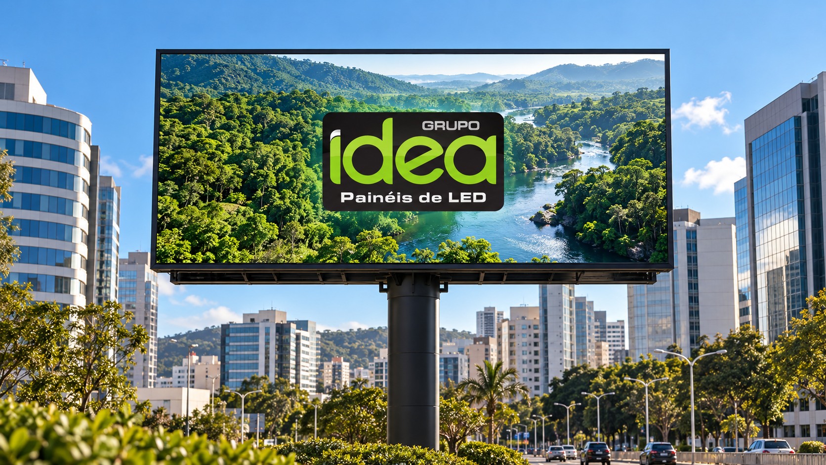 Painel de LED DOOH em poste sob sol, exibindo paisagem verde e logo oficial IDEA no centro