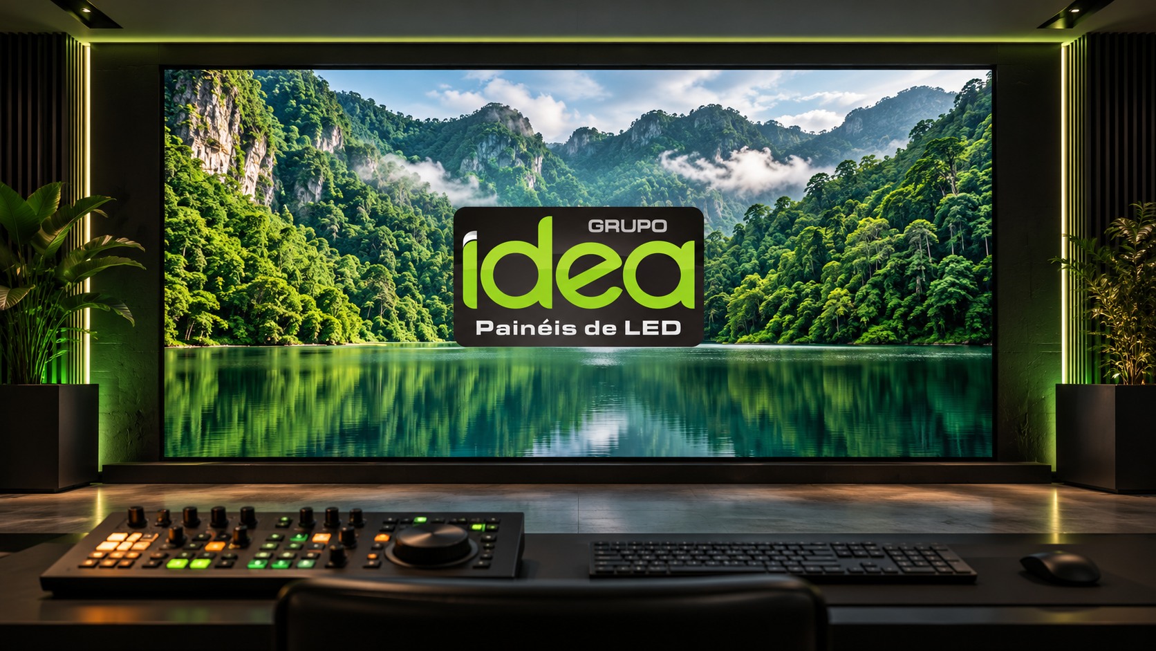 Estúdio de produção de vídeo com painel de LED exibindo paisagem e logo IDEA central